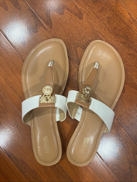 MICHAEL Michael Kors Shoes - MICHAEL Michael Kors Tan and White Logo Thong Sandals
